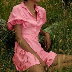 Anthropologie S/W/F Violetta Linen Belted Mini Pink Shirtdress Dress